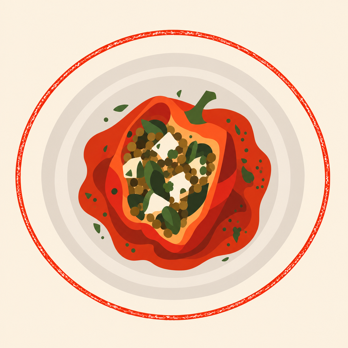 Poivron farci aux lentilles vertes, feta et épinards