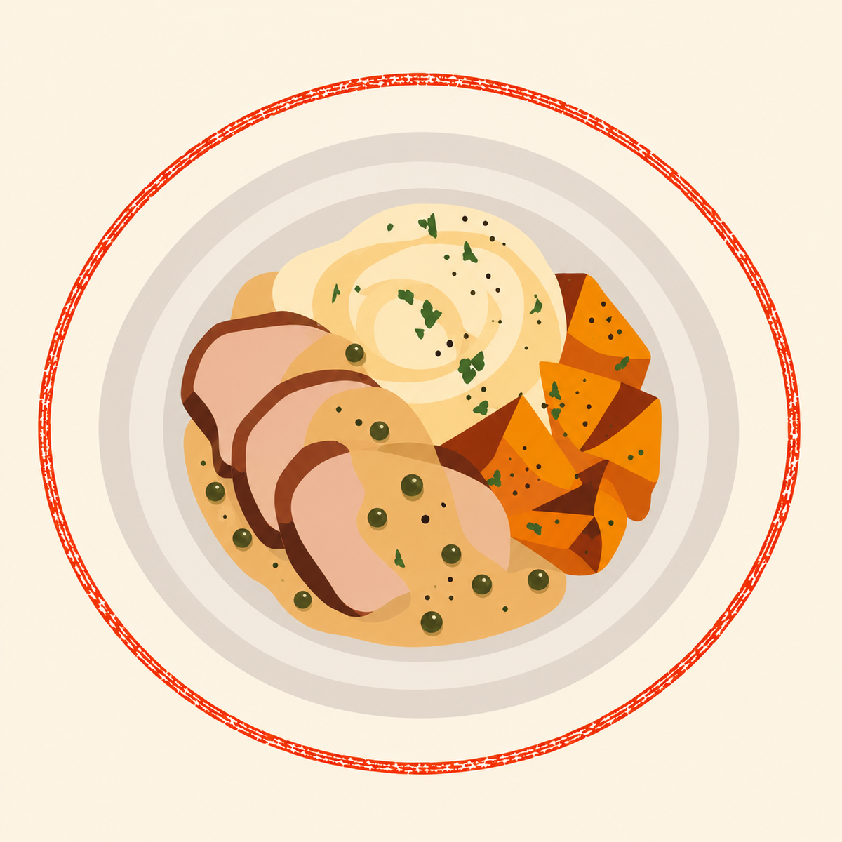 Rôti de porc, sauce au poivre vert